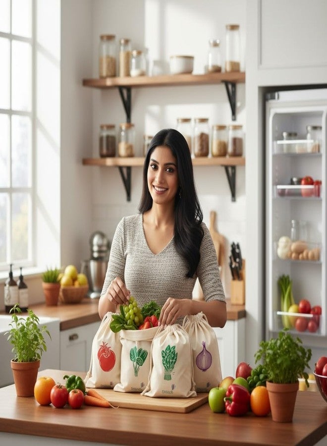 DNkitch 100% Cotton Storage Bags Eco-Friendly Grocery Reusable Bags for Fridge Washable, Breathable & Durable Produce Bags for Vegetables & Fruits Storage Bags for Fridge (Set of 6) - Image 4